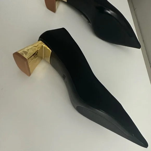 Zara Black Satin Heels With Metallic Gold Block Heel - Picture 7 of 11